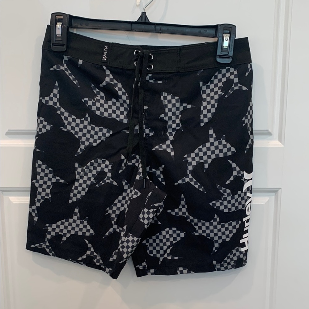 Hurley Black and Gray Board Shorts with Geometric Shark Pattern